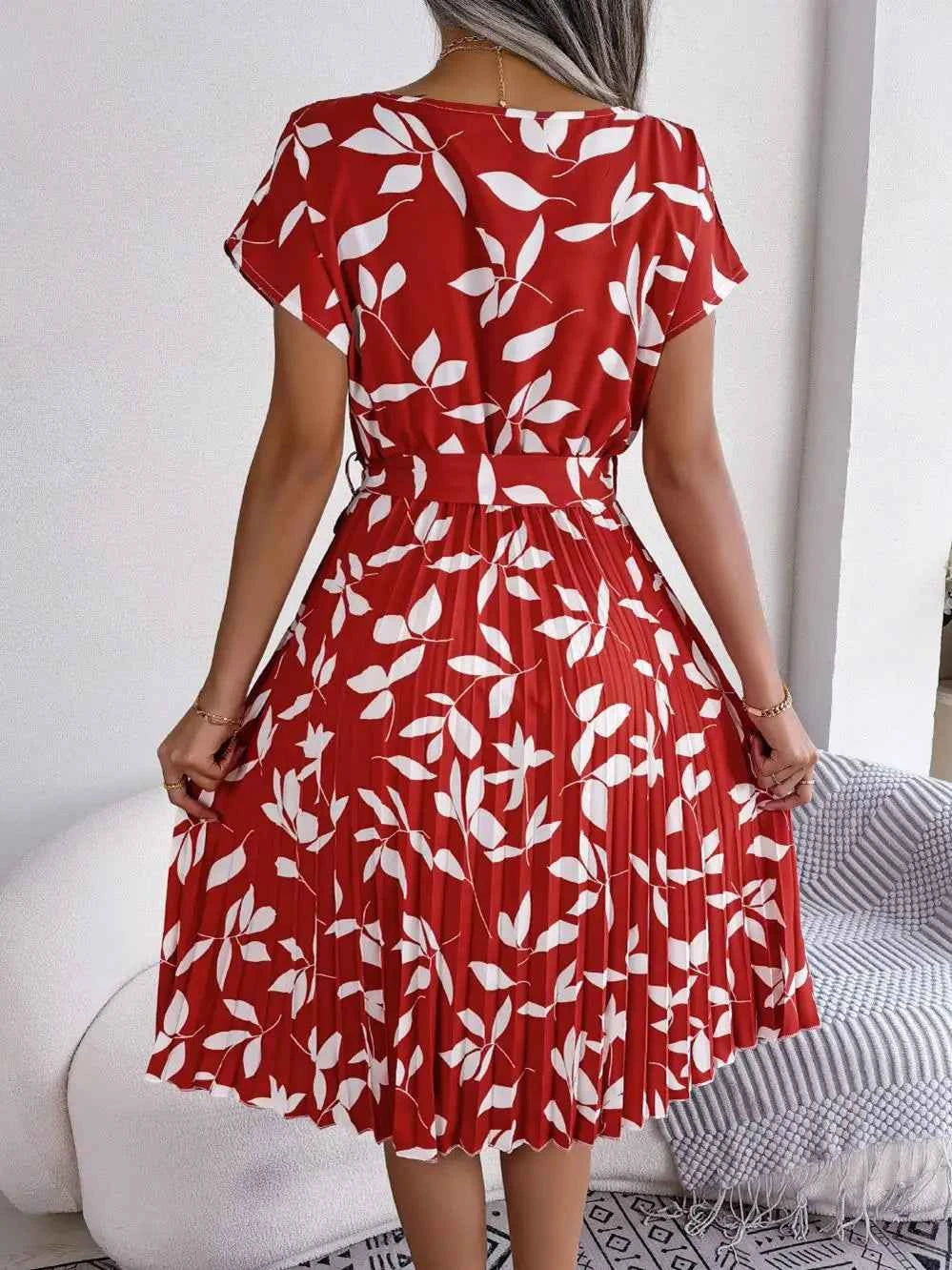 Ficusrong Fashion Floral Pleated A Line Long Dress Women Spring Summer Short Sleeve High Waist Chic Dress