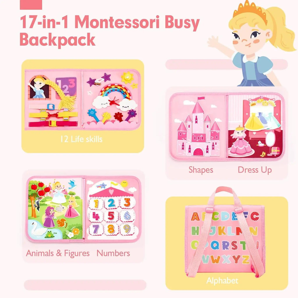 Toddler Busy Board Montessori Toys Learning Educational Activities Travel Toy Dinosaur Dress up  Sensory Life Skill Backpack