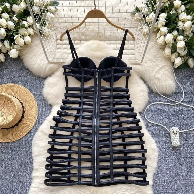 Vintage Hollow Out Elegant Rhinestone Chic Sleeveless Slim Straps Dresses Korean Fashion Evening Party Women Summer Clothing