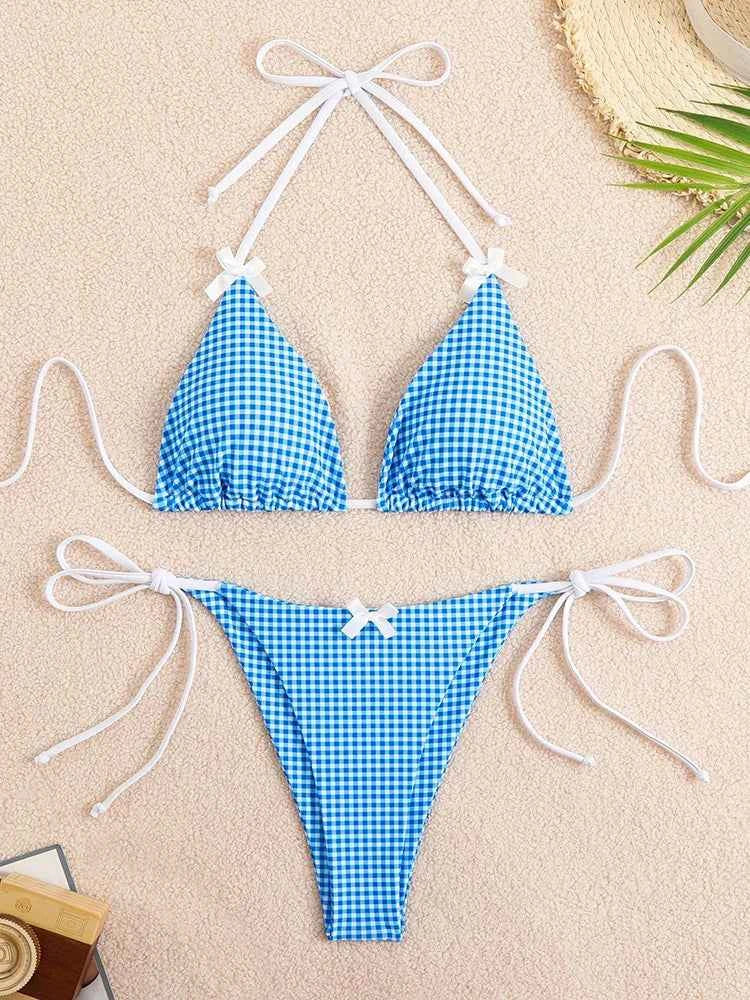 Circyy 2026 Bathing Suit Women Plaid Dot Split Swimsuit Neck-mounted Bow Tie Beachwear Vintage Simple Two-piece Bikinis Summer