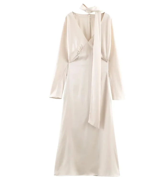 2026 New Scarf Solid Elegant Maxi Dresses Women Spring V Neck Long Sleeve Club Party Long Dress Female Chic Slim Fit Dresses
