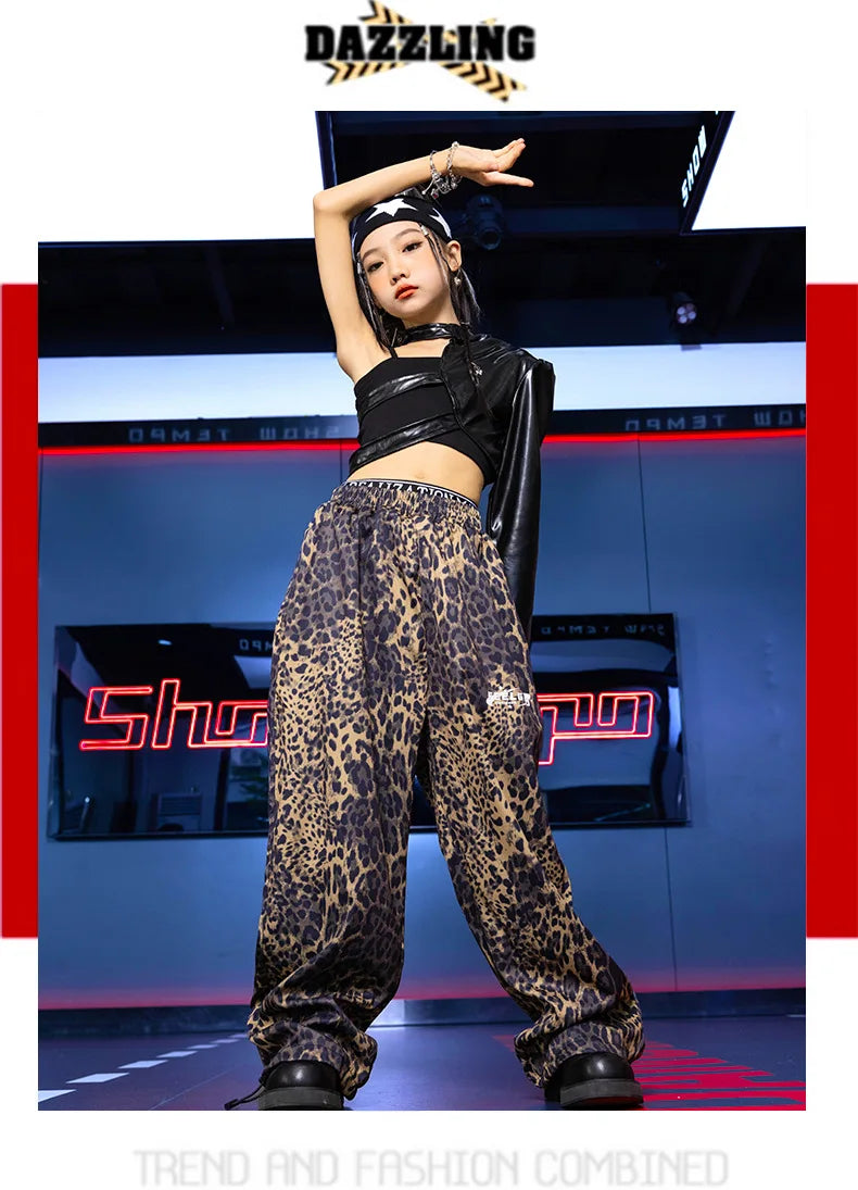 Kid Hip Hop Clothing T Shirt Crop Top Wine Red Arm Sleeve Faux Leather Casual Cargo Pants for Girl Jazz Dance Costumes Clothes