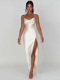 Sleeveless Long Satin Dress Elegant Party Dress For Women 2024 Summer High Slit Backless Party Formal Occasion Dresses Maxi