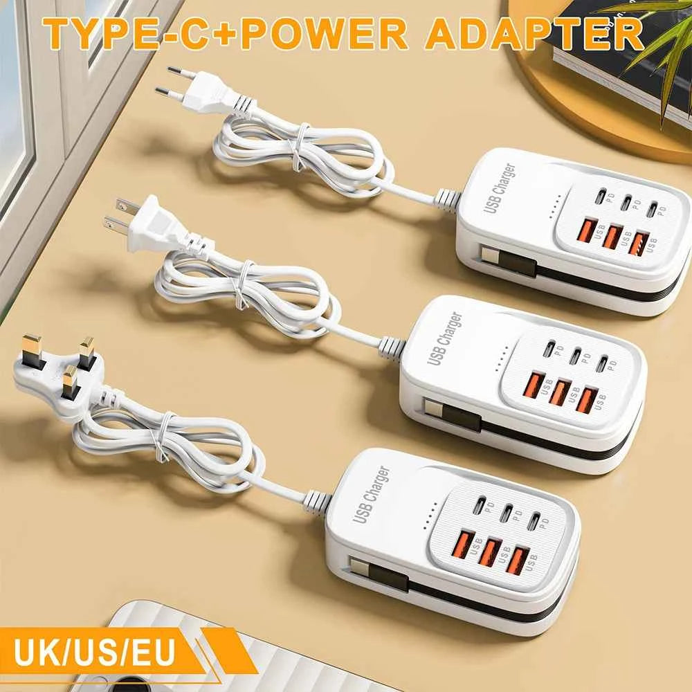 Fast USB Charger 6 in 1 Power Strip Desktop Charging Station Fast Charging Cord EU/UK/US Plug USB HUB Adapter Socket 3PD 3USB