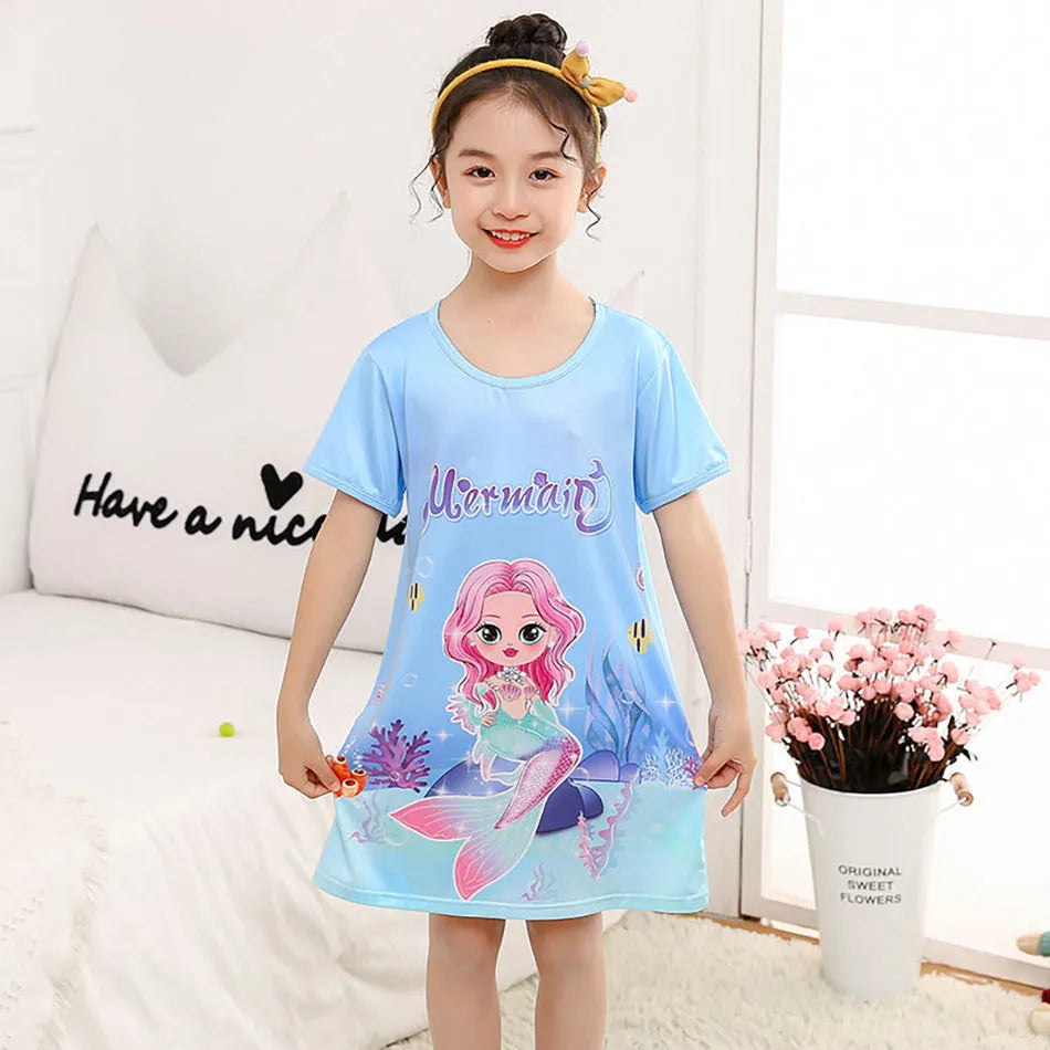 Girl Mermaid Dress Children Short Sleeve Summer Princess Dress Breathable Cartoon Print Girls Soft Silk Nightgown Kids Sleepwear
