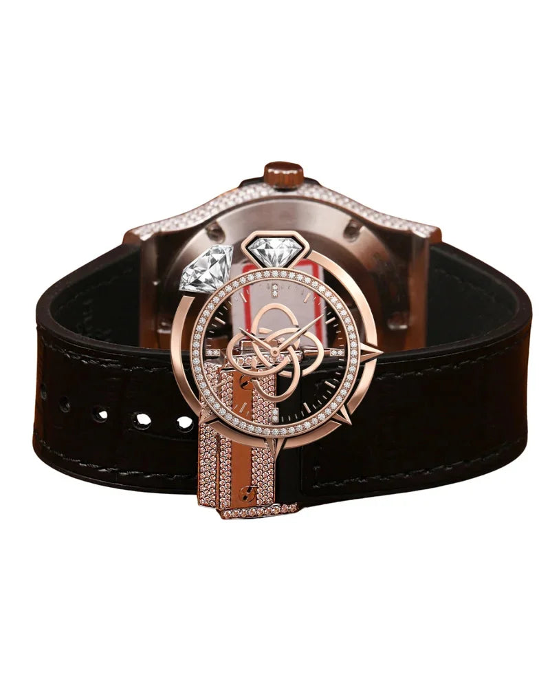 Luxury Antique Diamond Encrusted Quartz Analog Watch Rose Gold Tone Case Rubber Band Roman Numeral Dial Men's Fashion