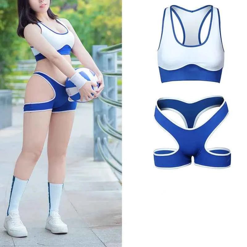 Sexy Cute Pure Desire Bra Set Girl Cheerleading Sports Underwear Lingerie Student Cosplay Costumes Hollow Split Swimsuit Bikini