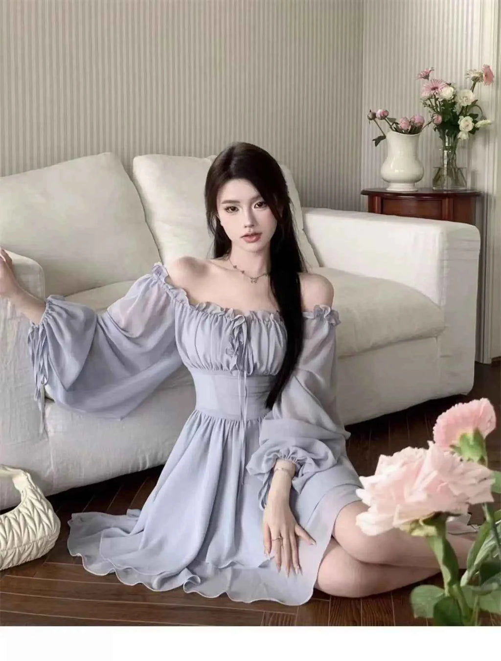 Dresses Women Solid Retro Long Sleeve Slash Neck Autumn Gentle Korean Style Streetwear All-match Lovely Comfortable Stylish Chic