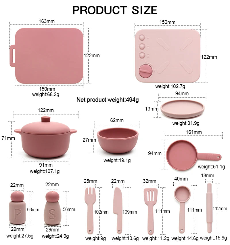 Kids Pretend Play Kitchen Toys, Food-Grade Silicone Dish Set, Realistic Mini Cooking Toys with Bowls, Plates, Pots for Toddlers
