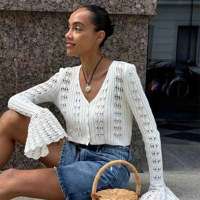 Trendix Summer Knit Long Sleeve Cardigan For Women V Neck Solid Bodycon Hollow Out Short Tops Party Club Slim Vacation Top Femme