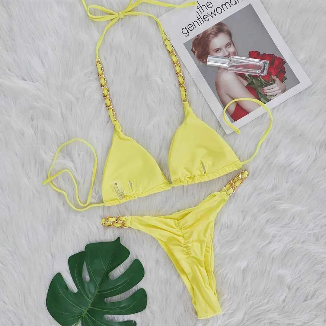 Metal Ring Halter Scrunch Butt Thong Bikini Women Swimwear Female Swimsuit Two-pieces Bikini set Bather Bathing Suit Swim V4391