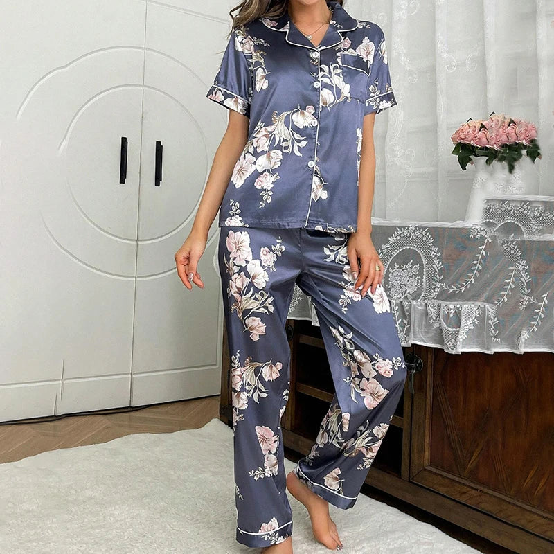Women's Pajamas Sets Autumn Short Sleeve Buttons Top & Pants Sleepwear 2 Piece Button-Down Pj Set Homewear Satin Loungewear