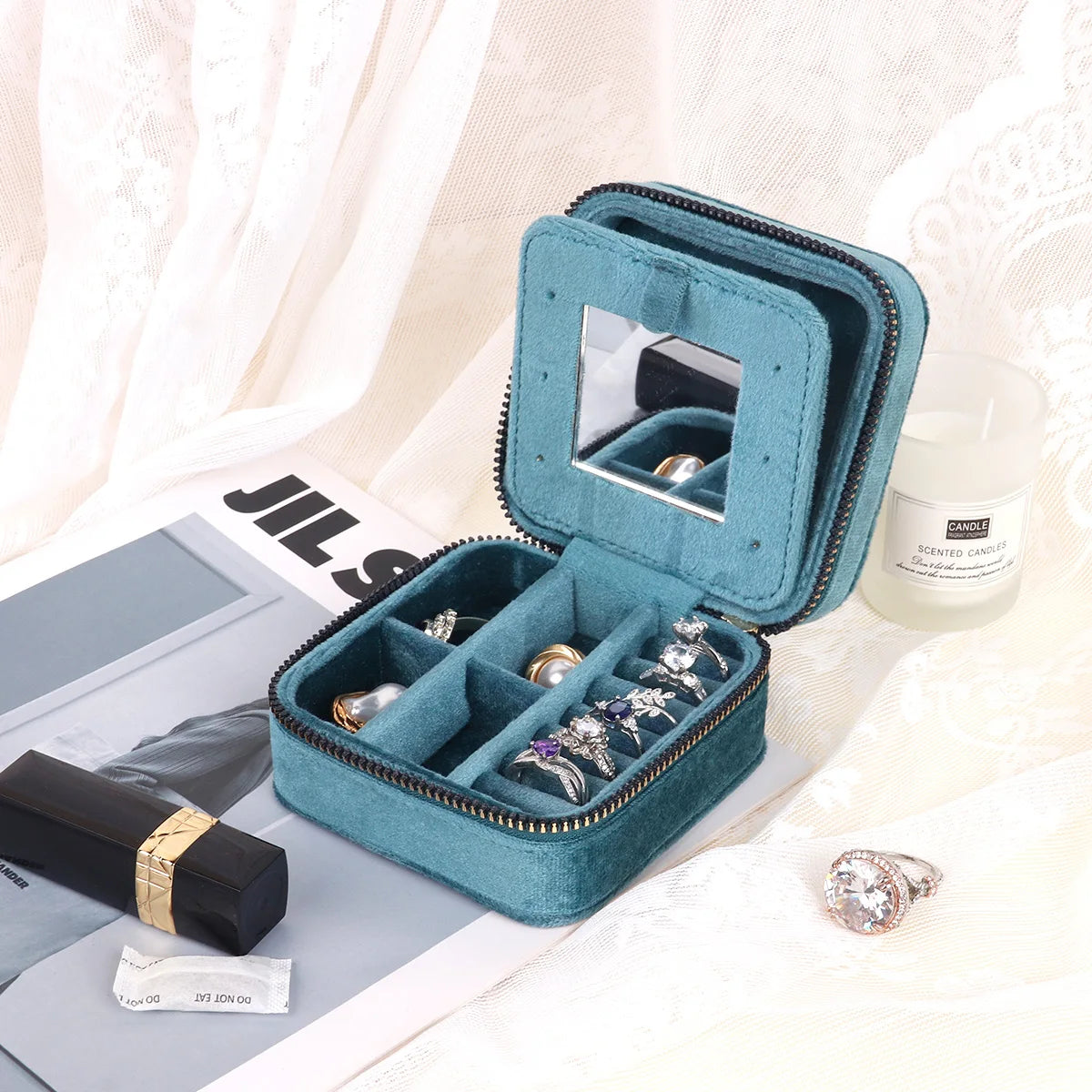 Rhombus Velvet Jewelry Box with Mirror Women Travel Portable Earrings Ring Necklace Storage Display Jewelry Organizer Box