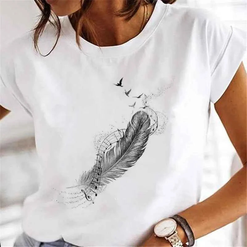 Women's Short-sleeved T-shirt Feather Fashion Print Instagram Base Shirt Women Clothes  Tops  Aesthetic Clothes Graphic T Shirts