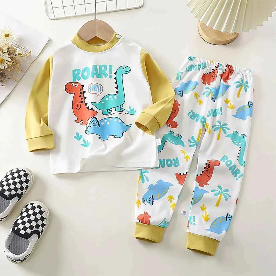 Spring Autumn Sleepwear Kids Comfort Cotton Pajamas Set Durable and Soft Unisex Cartoon Dinosaur for Boy Girl Children Clothes