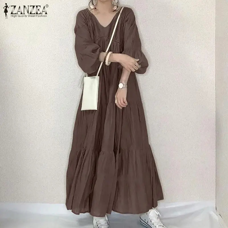 ZANZEA Vintage Ruffle Dress Women's Spring Sundress Casual Puff Sleeve Maxi Vestidos Female V Neck Robe Elegant Long Dresses
