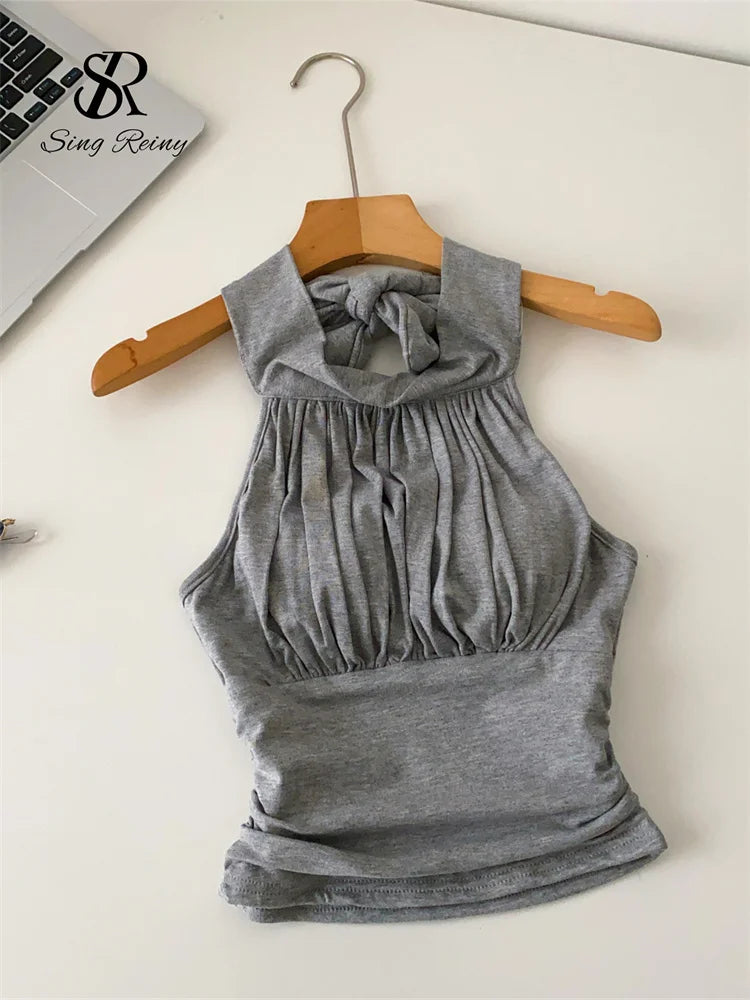 SINGREINY Office Lady Elastic Slim Tank Top Fashion Women Halter Sleeveless Lace Up Solid Short Camis Ruched Backless Sexy Top