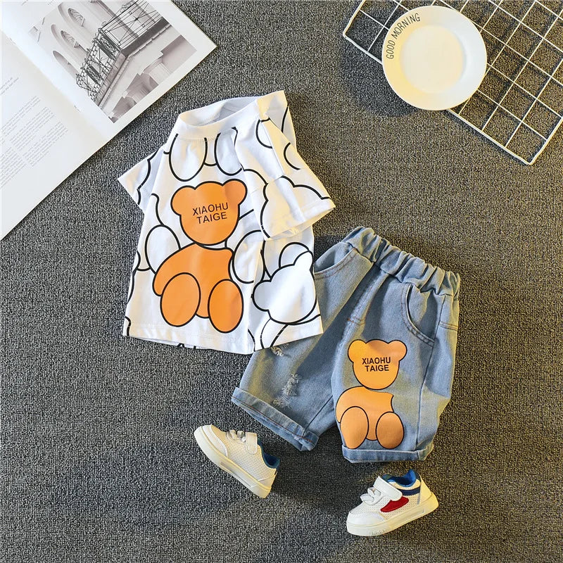 New Summer Baby Boys Clothing Set Cartoon Bear Short Sleeve T-Shirt Shorts 2Pcs Suit For 1-5 Years Kids Children Fashion Outfit