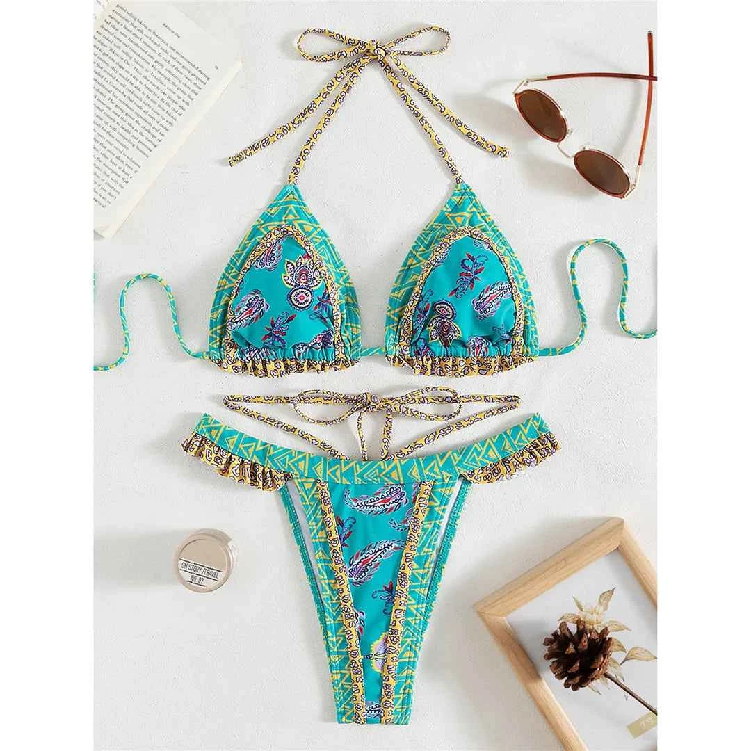 5 Colors Sexy Printed Halter Frilled Bikini Women Swimwear Female Swimsuit Two-pieces Bikini set Bather Bathing Suit Swim V4651