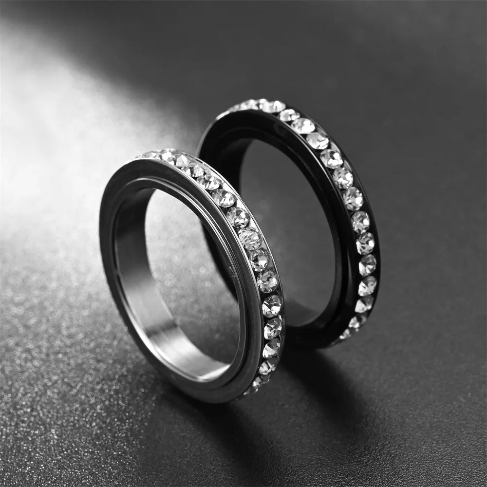 4MM Spinner Finger Rings For Women Crystal Rotatable Wedding Stainless Steel Ring Men Korean Anniversary Party Jewelry