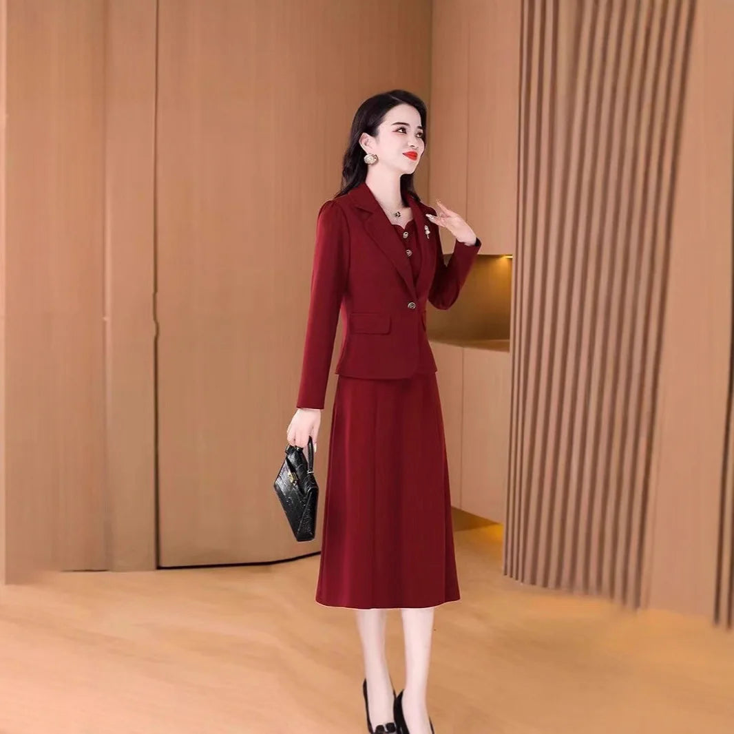 Fashionable Red Two-Piece Set Korean Japanese Style Women's Dress Suit Autumn Spring Lightweight Polyester Commute Style