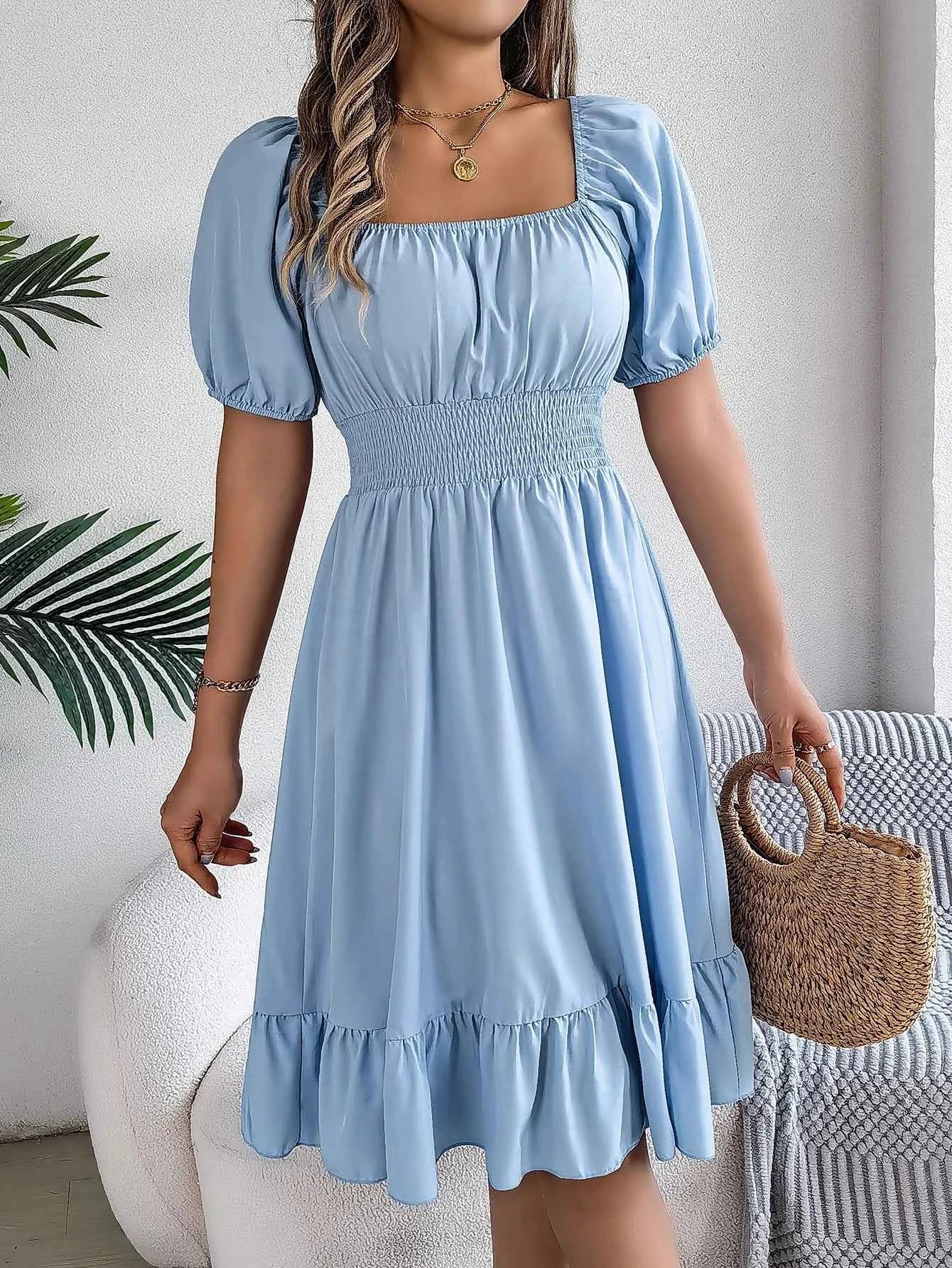 Spring Summer Elegant High Waisted Dress Square Neck Short Sleeved Ruffled Edge Long Dresses 2026 Valentine's Day Woman Clothing