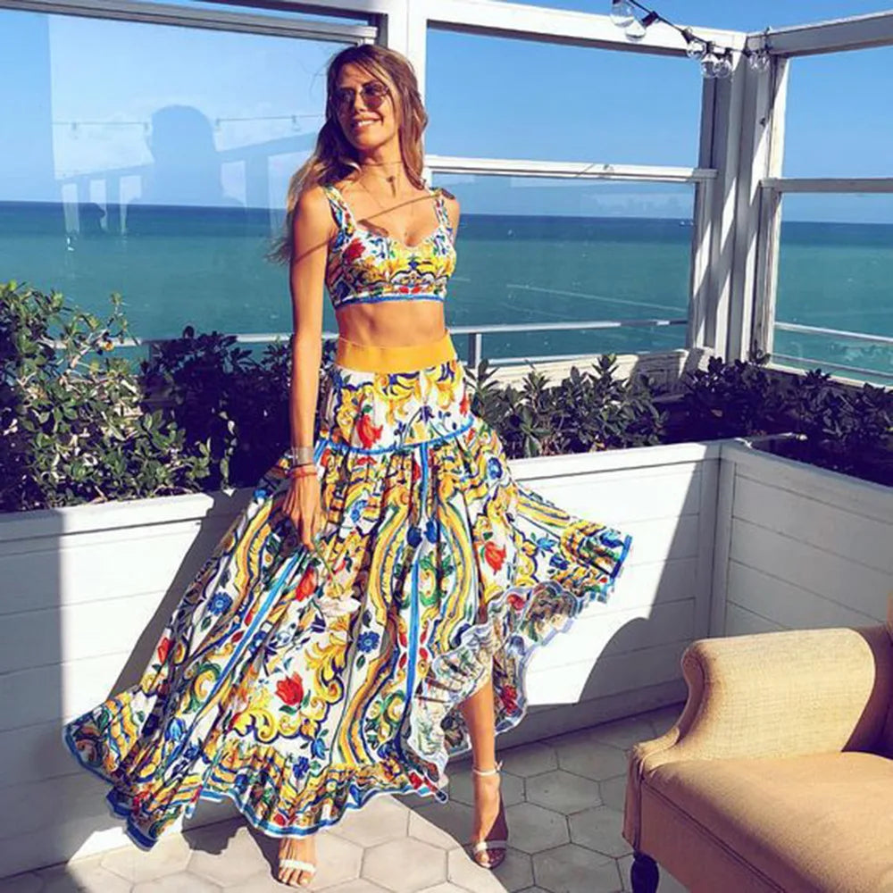 Bohemian Style Print Skirt Two Piece Set For Women Sexy Crop Camisole Casual Beach Holiday A-line Skirts 2 Piece Sets Female New