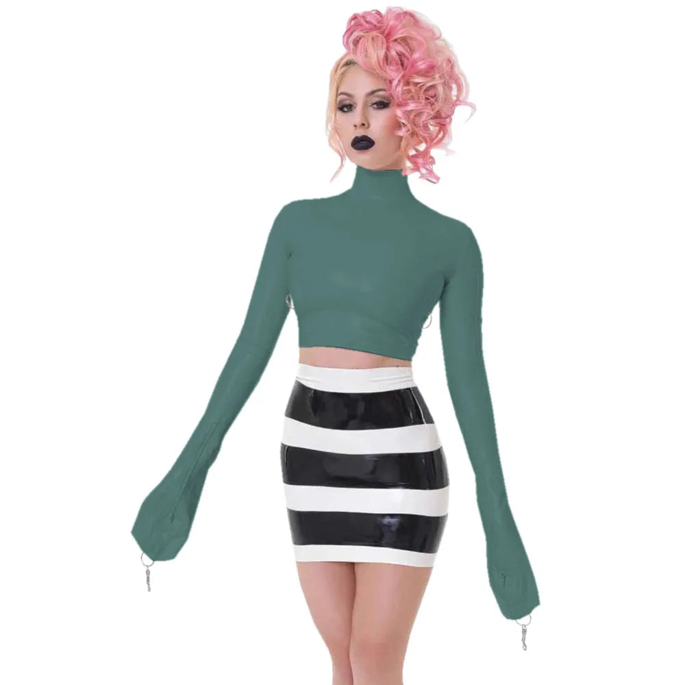 Sexy Crop Tops with Finger High Neck, Slim Skinny Leather, PVC Short Shirts, Vinyl Sexy Top with Lock Key, Club Night