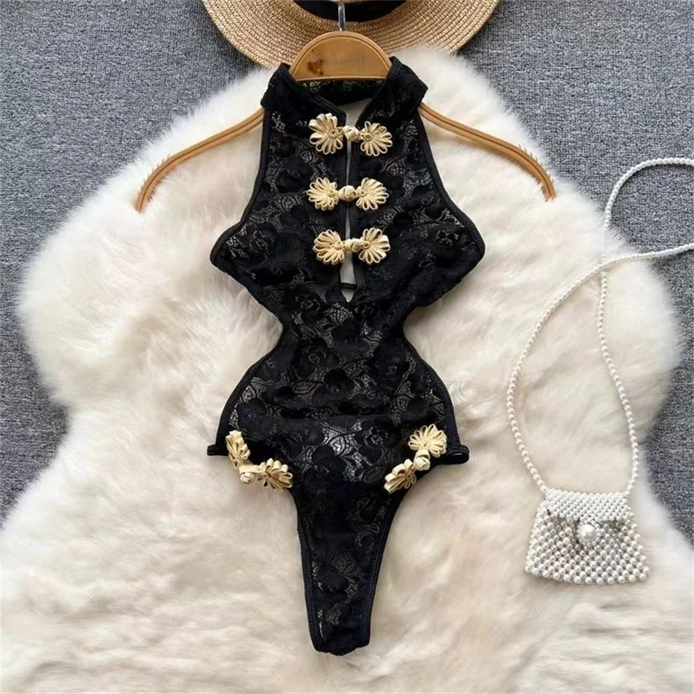 Women's V-neck Sexy Elegant Lace Camisole Jumpsuit Hollowed Transparent Tight Fitting Pajama Adjustable Shoulder Straps Hotsweet
