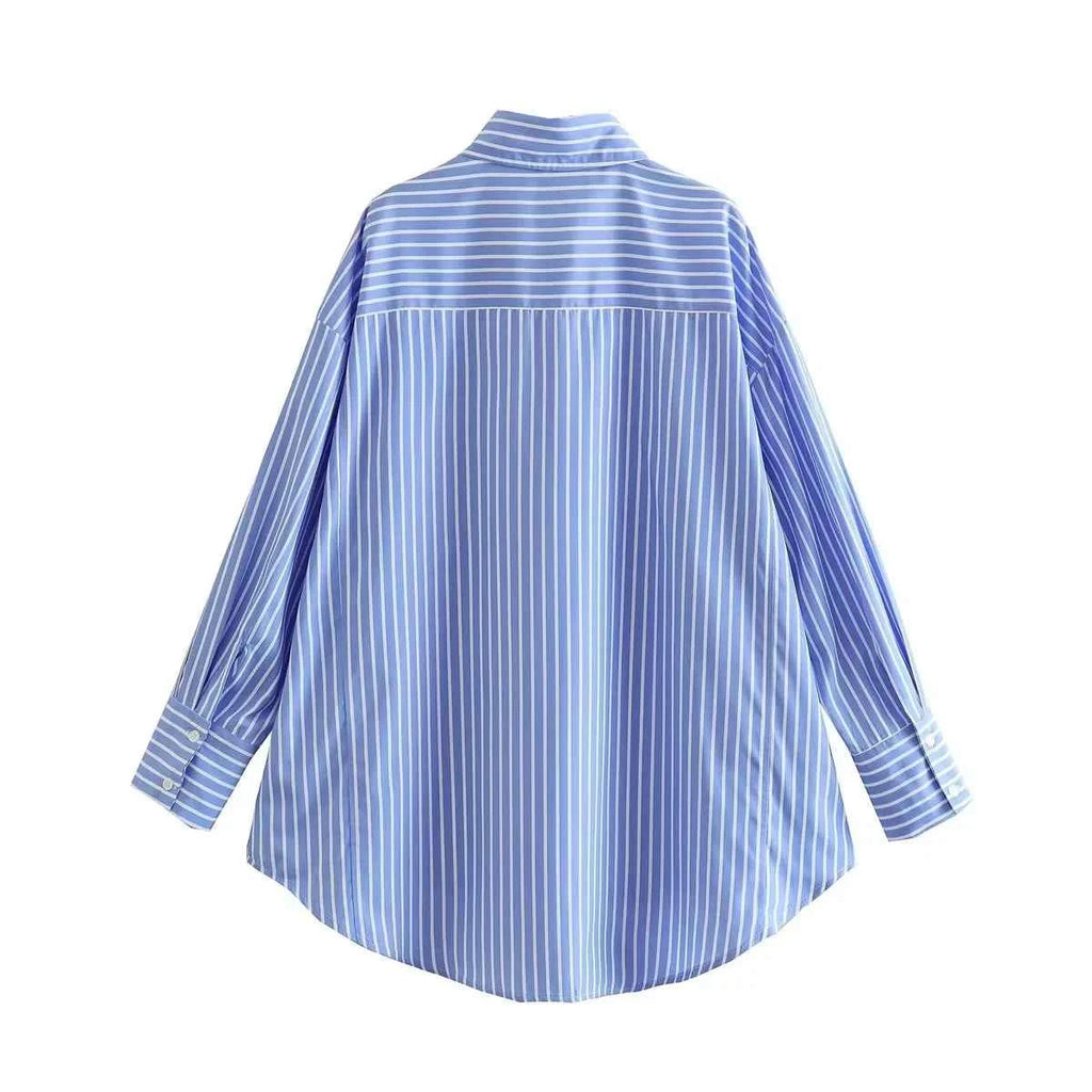 Women 2025 Pocket Stripe Printed Shirt Fashion Single Breasted Vintage Long Sleeve Spring Autumn Causal Elegant Loose Tops
