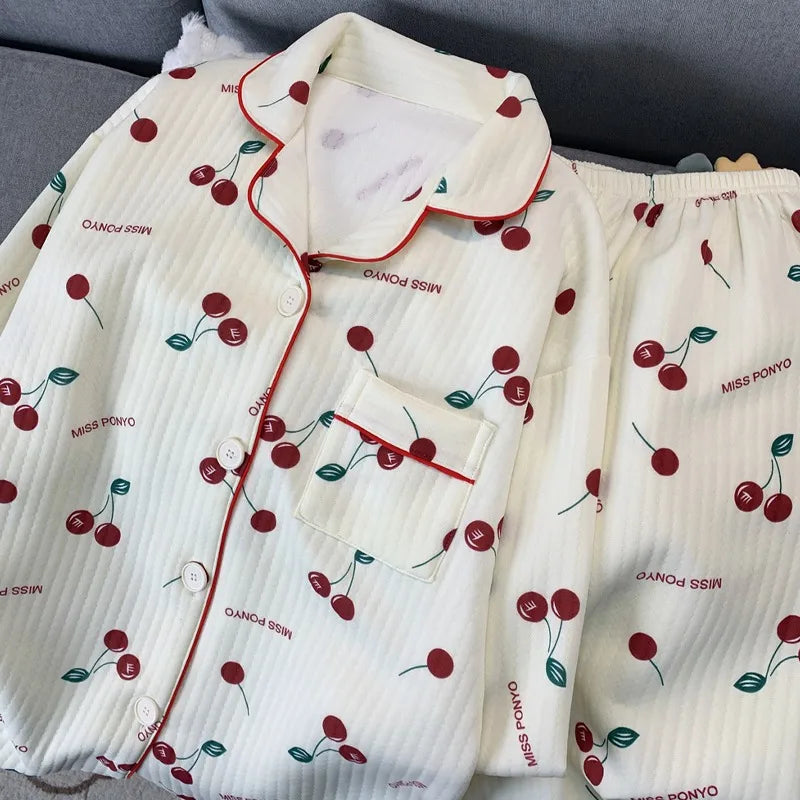Korean Style Colourful Dot Women's Sleepwear Set 2025 Autumn Winter New Pajamas Set Cute Lapel Neck Casual Homewear 2PC Suit