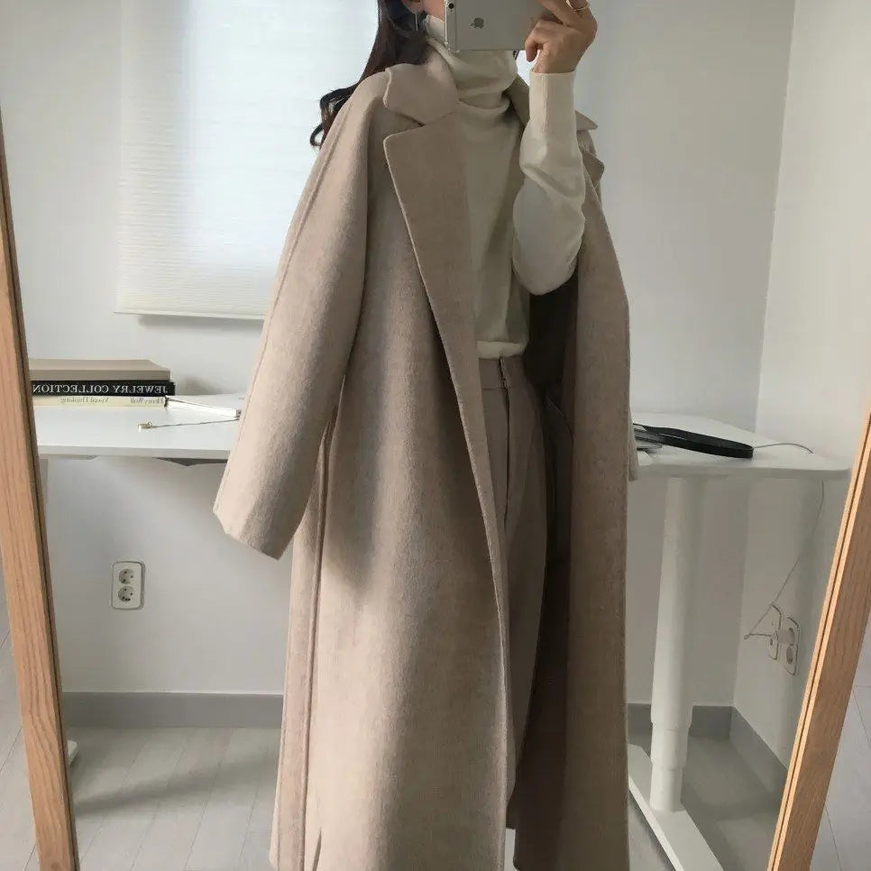 Chic Thick Warm Lapel Lace-up Pockets Loose Woolen Coat 2025 Autumn Winter New Korean Female Long Oversize Casual Women Clothes