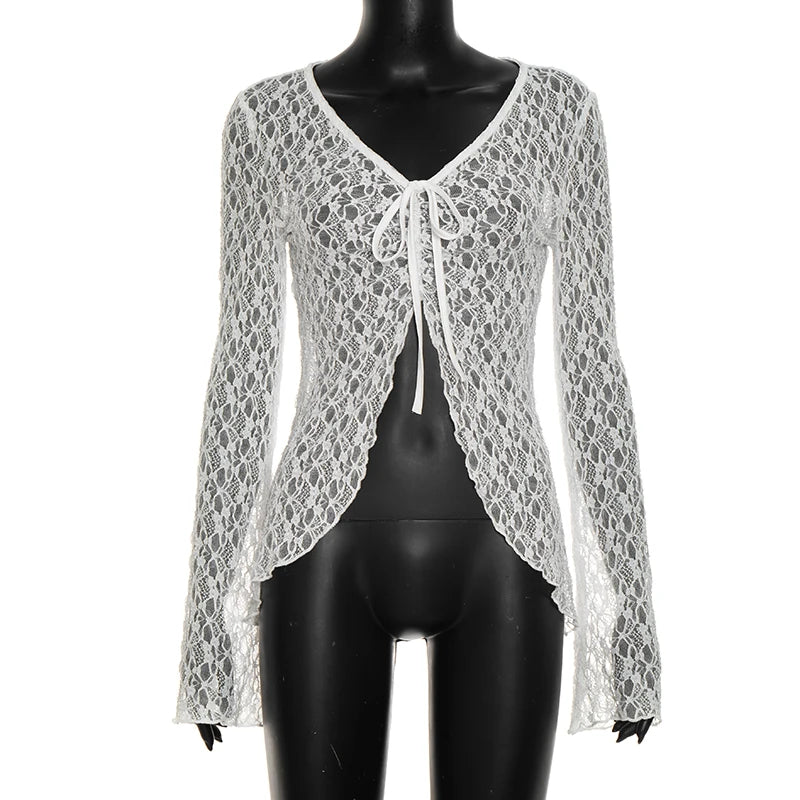 French style pure desire V-neck lace long sleeved shirt, slimming and versatile, long sleeved top