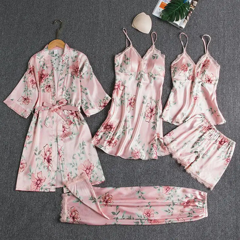 Customizable Sleepwear Female 5PCS Pajamas Set Satin Pyjamamas Lace Bridal Wedding Nightwear Rayon Home Wear Nighty&Robe Suits