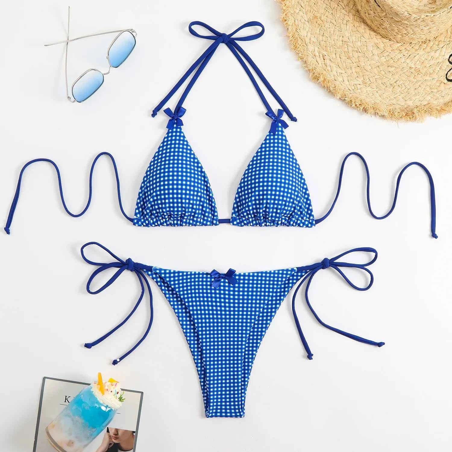 Circyy 2026 Bathing Suit Women Plaid Dot Split Swimsuit Neck-mounted Bow Tie Beachwear Vintage Simple Two-piece Bikinis Summer