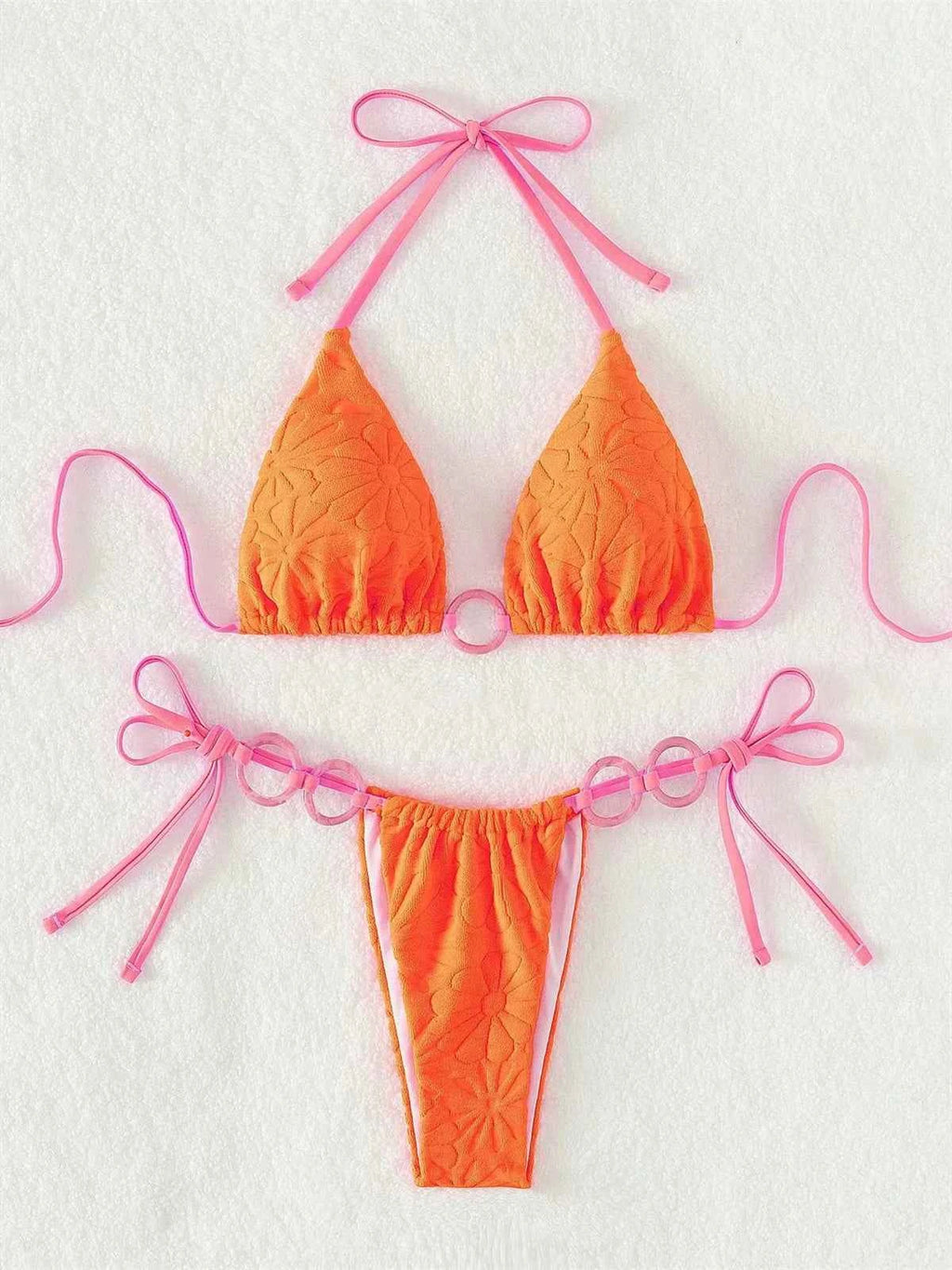 Sexy Triangle Bikini Women White Contrast Ring Linked Criss Cross Micro Swimsuit 2024 Beach Bathing Suit Tie Side Thong Swimwear