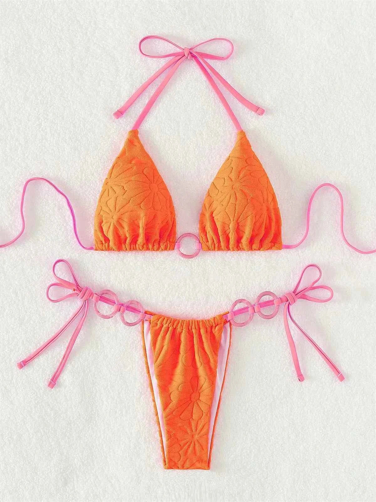 Sexy Triangle Bikini Women White Contrast Ring Linked Criss Cross Micro Swimsuit 2024 Beach Bathing Suit Tie Side Thong Swimwear