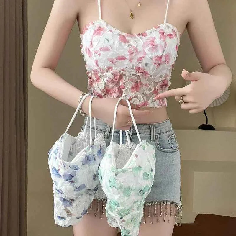 Fashion Sweet Floral Corset Vest Office Lady Beach Style Sleeveless Blouse Women Vintage Lace Slim Crop Top