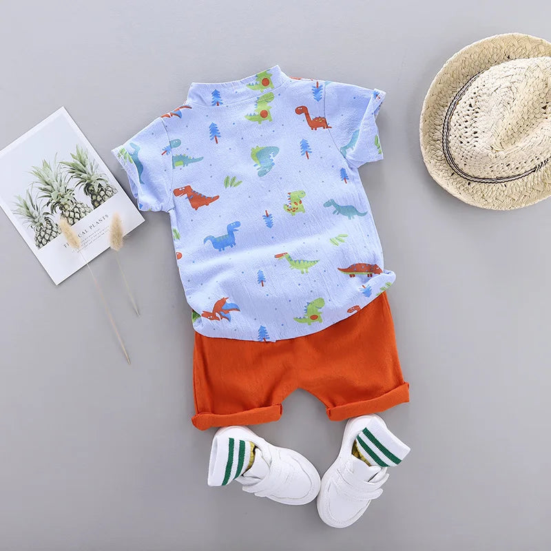 2PCS Children's Summer Cartoon Little Dinosaur Print Outfit with Standing Collar Shirt And Matching Shorts Set