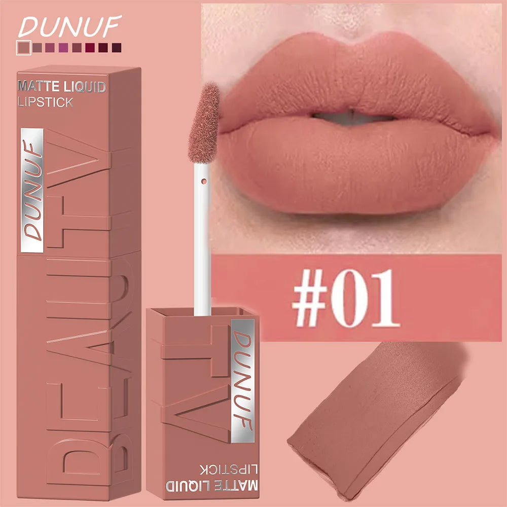 DUNUF  8-color matte velvet smooth easy-to-apply square tube lip gloss waterproof three-dimensional plumping lipstick
