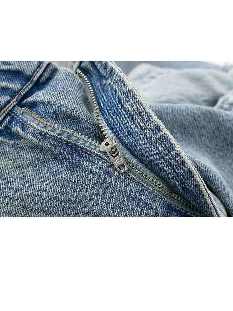 HH 2024 Women's Street Fashion Denim Blue Jeans Distressed Patchwork High Waist Zipper Fly Ripped Retro Long Pants