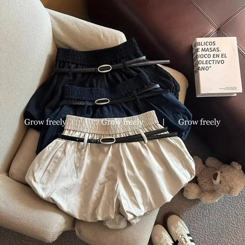 Women High Waist Casual Summer 2025 Elastic Waist Shorts Korean Style Blooming Skirt Pants with Belt
