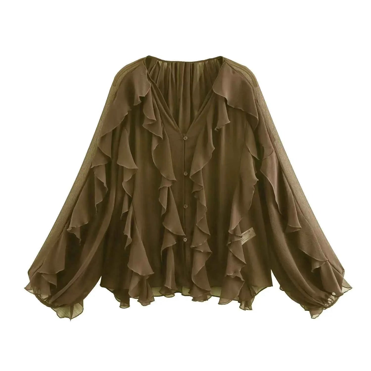 Women Casual Ruffled Shirt Women Loose Lace Up Hollow Out V Neck Tops Spring Blouses Women Clothes 4786063
