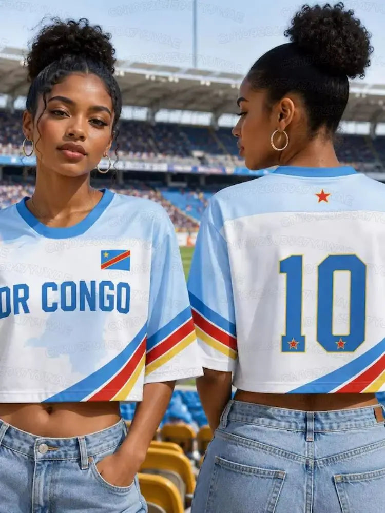 Summer 2026 New Women's  Dr Congo Print Football Jersey Round Neck Short Sleeve Jersey Cheerleaders Crop Top T-shirt