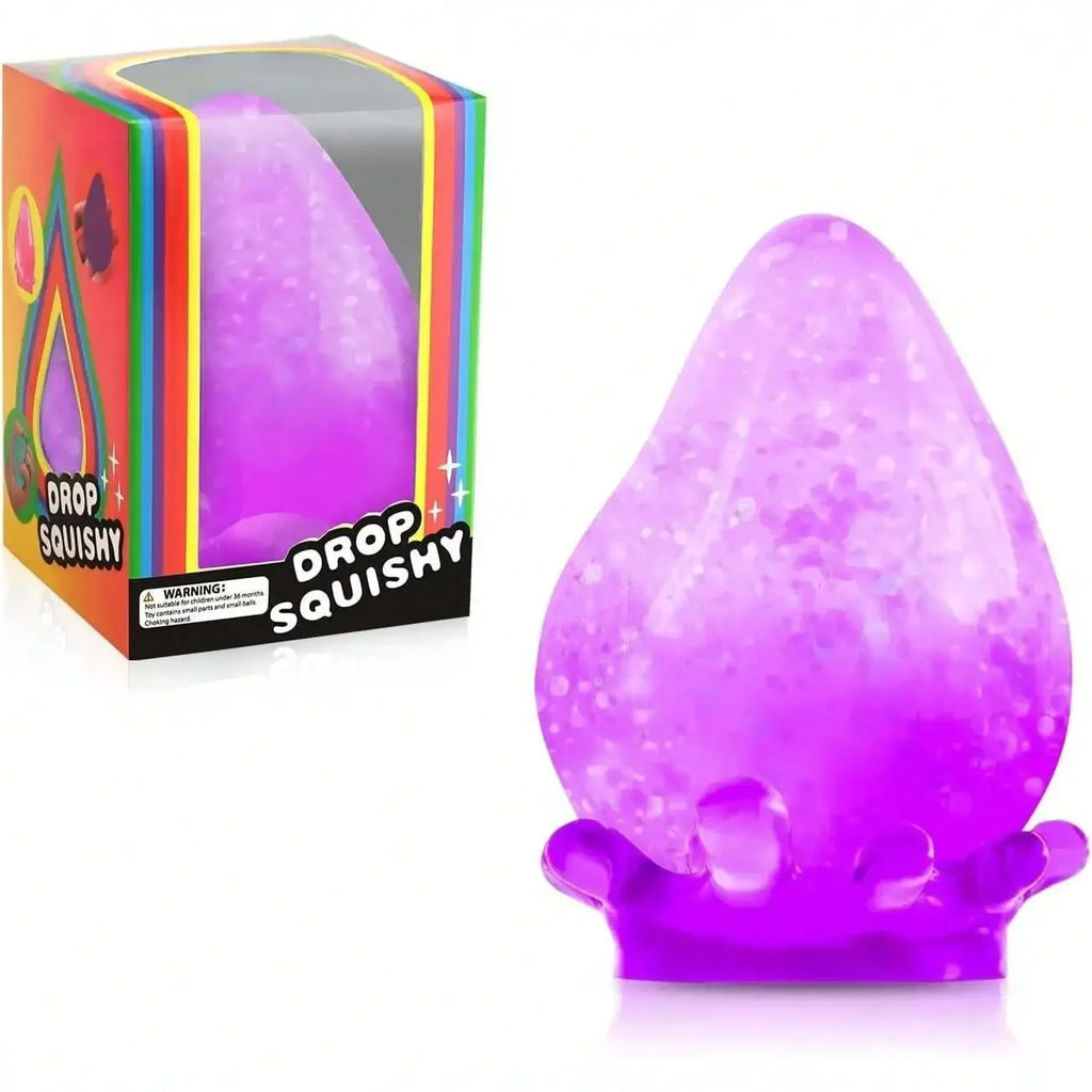 Dreamy Water Drop Squishy Toy Available In Blue Pink Purple Orange Four Color Options Mini Cute Teardrop Shape With Translucent Jelly Like Finish Sparkly Shimmer Inside Soft Velvety Texture Slow Rising Stress Relief Squeeze T
