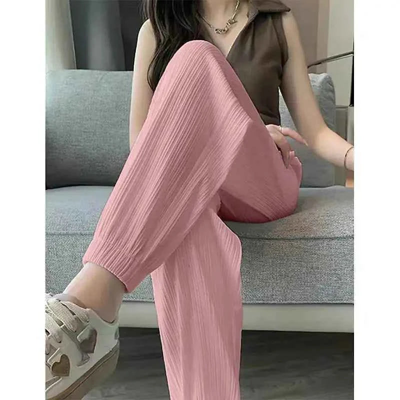 Thin Casual Wide Leg Harem Ankle-Length Pants Solid Elastic Waist Women New In ClothingSweet Streetweat Summer Long Trousers OL