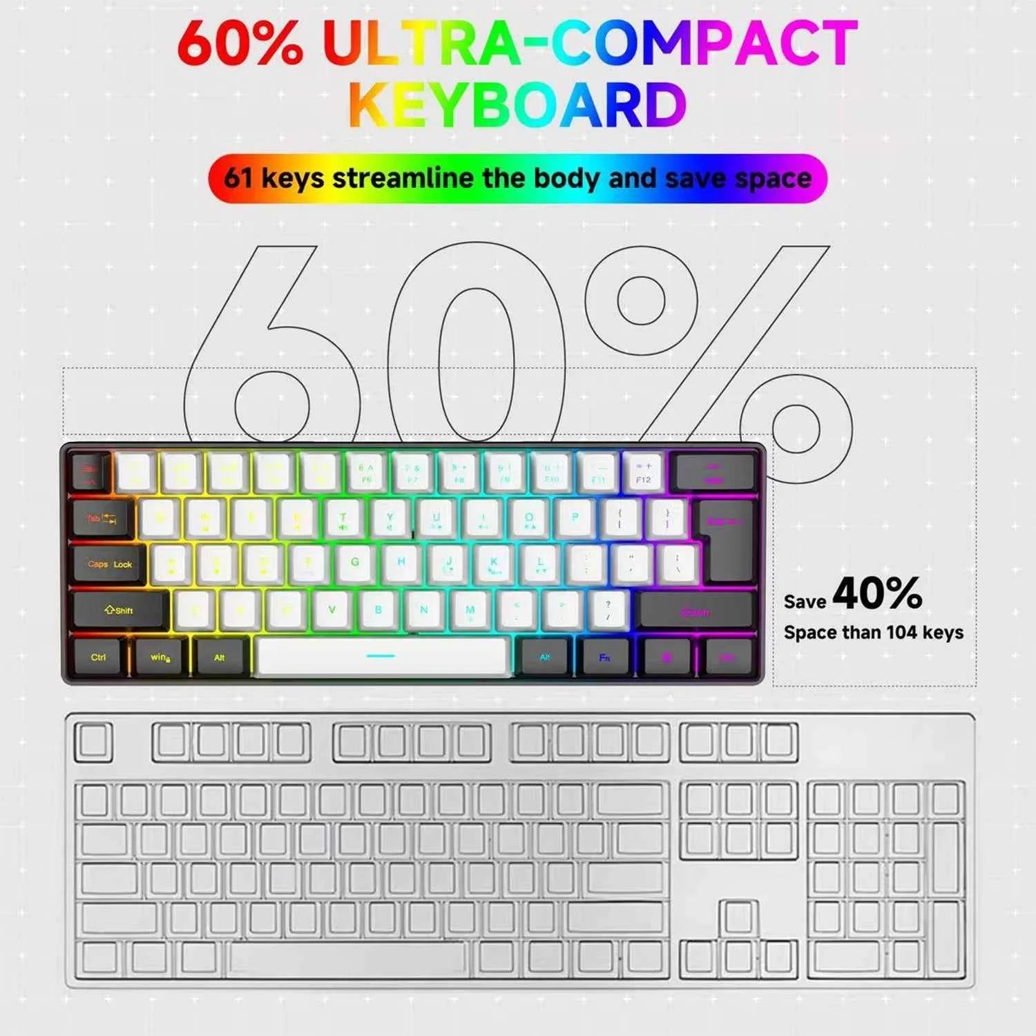 2026 new Mini 60% Compact Wired Keyboard 61 Keys RGB Backlight Membrane Keyboard For Windows PC Office laptop Computer