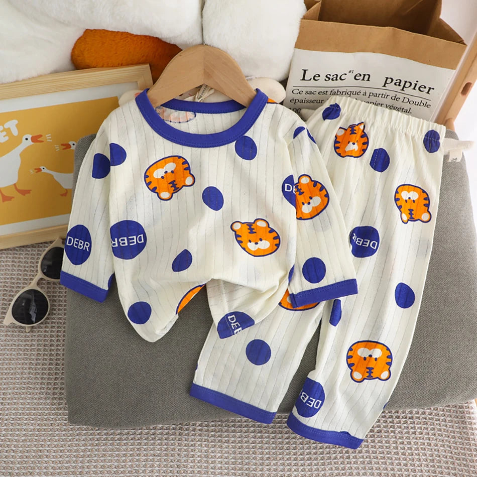 Summer Kids Cotton Pajama Sets Long Sleeve Pants Suitable Baby Gentle Nighttime Comfortable Sleepwear in Air Conditioned Rooms