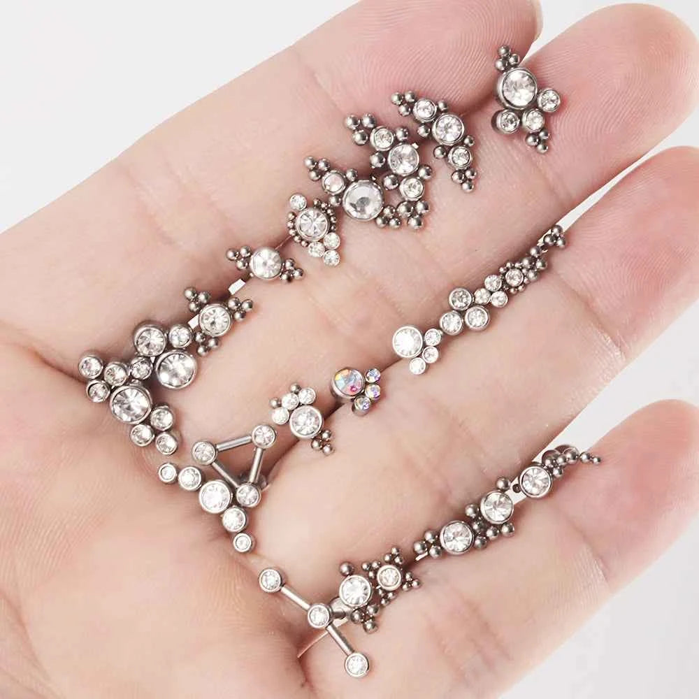 1PC Surgical Steel  Silver Color Labret Flat Base Ear Studs Crystal Cluster Helix Tragus Cartilage Piercing Jewelry 16G