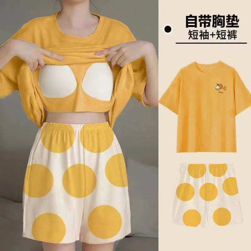Summer Women's Pajamas Set Sleepwear 2 PCS - Short Tank Tops and Shorts with Chest Pad Womens Printing Pyjama Home Leisure Suit